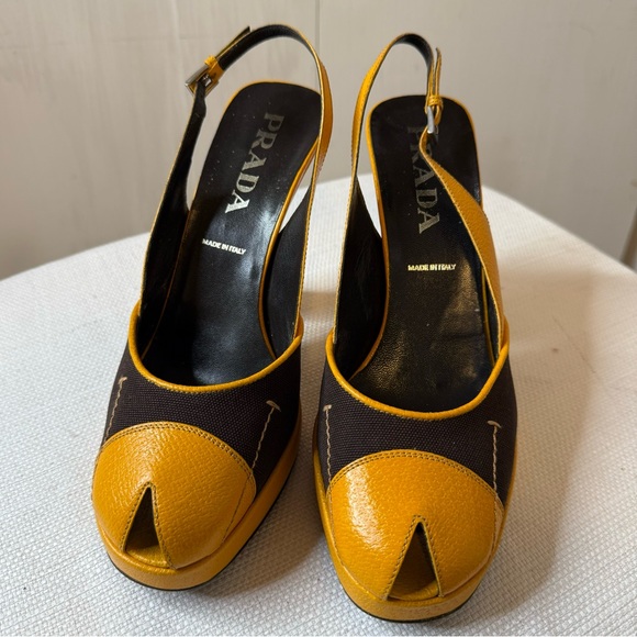 PRADA Brown & Mustard Yellow Leather Textile Heels 8.5 - Picture 11 of 16